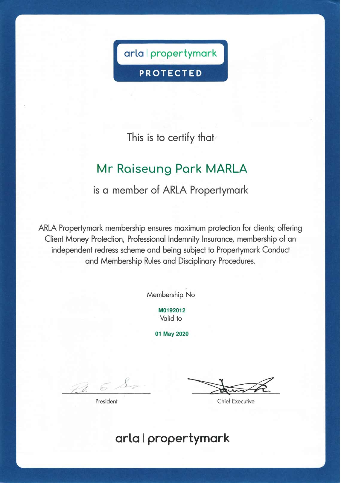 Arla Property Mark Certificate letter